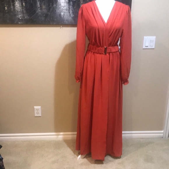 Orange Long Ruffled Sleeve Faux Wrap Belted Waist Maxi Dress-Size M - Picture 1 of 14